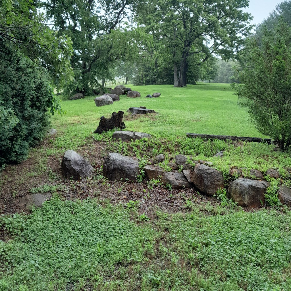 Boulders strewn across a green field